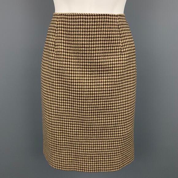 RALPH LAUREN Blue Label Size 8 Brown & Beige Houndstooth Wool Pencil Skirt - Picture 1 of 4
